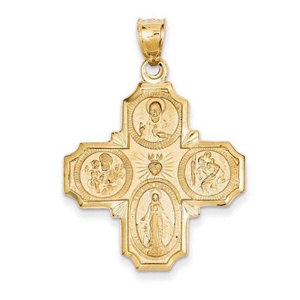 NWT - Religious 14K Gold Four Way Cross Catholic Medallion Pendant